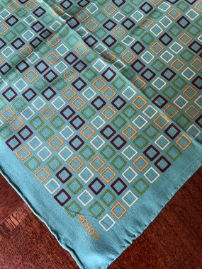 Echo Aqua Scarf with Multicolor Square Pattern 22“ x 22“ hand rolled of silk